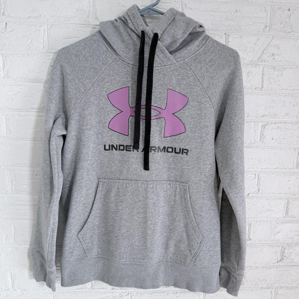 Under Armour Sz XS Loose Womens Gray Pink Logo Pullover Hoodie‎ Sweatshirt